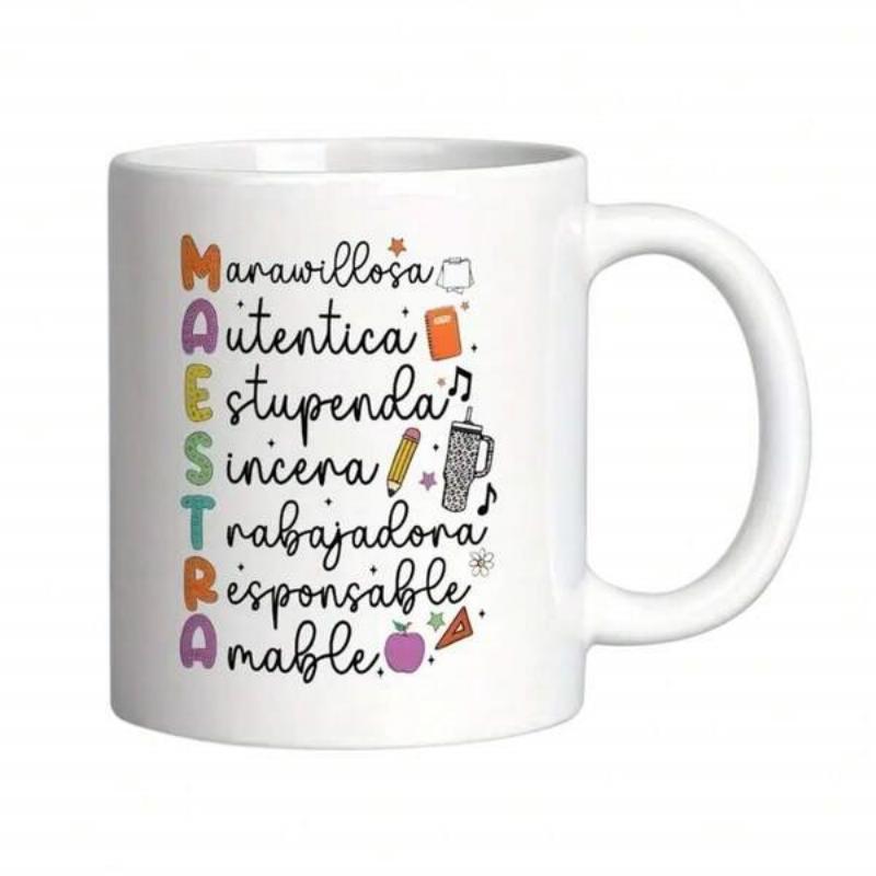 Tailorly White Ceramic 11 oz Mug - School Icons With Creative Colorful Writing On A