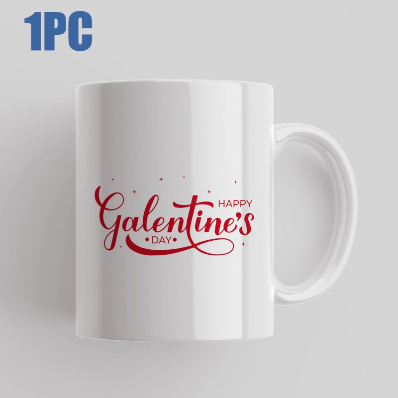Tailorly White Ceramic 11 oz Mug - Happy Galentine's Day Minimalist Red Cursive Calligraphy With Festive Floating Dots Mug