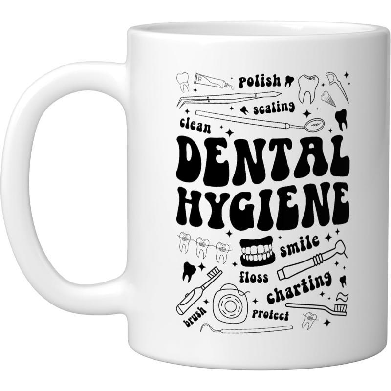 Tailorly White Ceramic 11 oz Mug - Dental Hygiene Clean Polish Scaling Smile Floss Charting Brush Protect Professional Dental Care Equipment Icons Floating Among