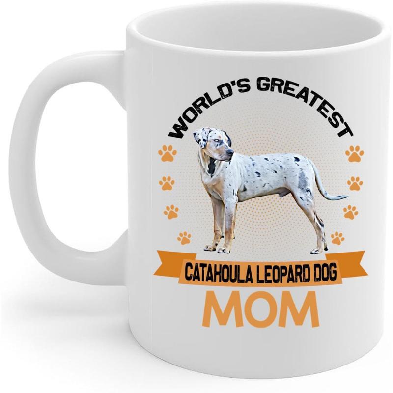 Tailorly White Ceramic 11 oz Mug - World's Greatest Catahoula Leopard Dog Mom Standing Athletic Spotted Breed Surrounded By Tiny Orange Paw Prints Dog