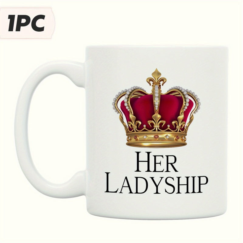 Tailorly White Ceramic 11 oz Mug - Her Ladyship Elegant Golden Royal Design With Red Velvet And Ornate Jewels Crown