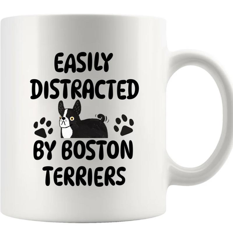 Tailorly White Ceramic 11 oz Mug - Easily Distracted By Boston Terriers Cute Cartoon Black And White Sitting Dog Between Paw Prints Dog