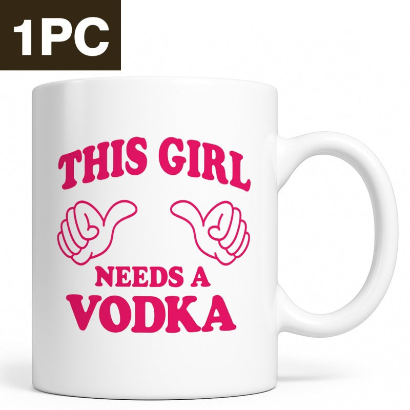 Tailorly White Ceramic 11 oz Mug - This Girl Needs A Vodka Pink Graphic Featuring Two Thumbs Pointing Inward Toward The Centered Slogan Mug