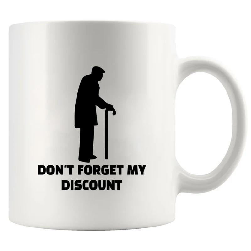 Tailorly White Ceramic 11 oz Mug - Don't Forget My Discount Minimalist Black Silhouette Of Elderly Gentleman Holding A Cane Silhouette
