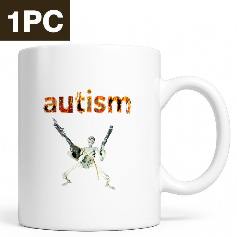 Tailorly White Ceramic 11 oz Mug - Autism Dual Heavy Firearms Wielded By A Thin White Standing Skeleton