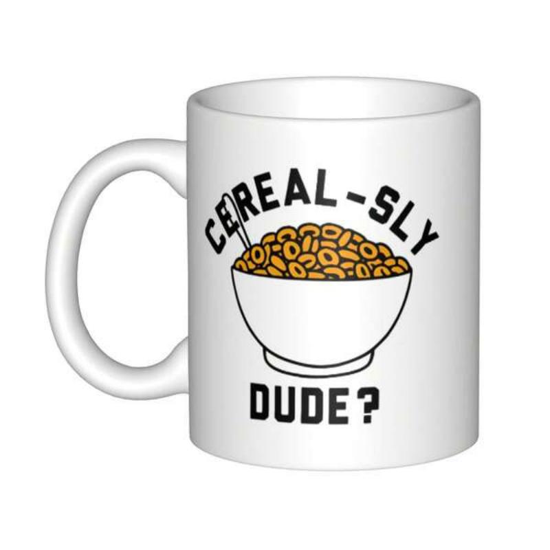 Tailorly White Ceramic 11 oz Mug - Cereal-sly Dude Minimalist Style Ceramic Bowl Filled With Small Round Toasted Grain Cereal