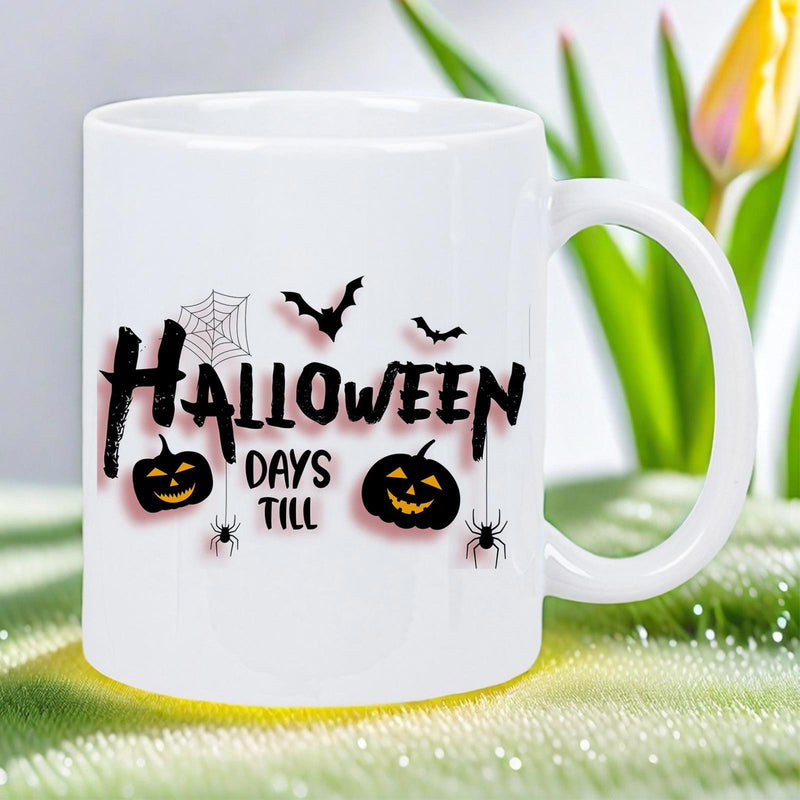 Tailorly White Ceramic 11 oz Mug - Halloween Days Till Spooky Black Bats And Hanging Spiders Near A Smiling Pumpkin