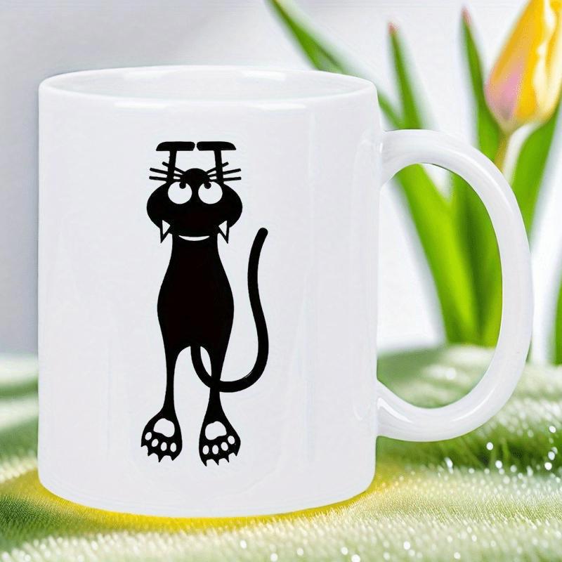 Tailorly White Ceramic 11 oz Mug - Whimsical Black Cartoon Silhouette With Large Curious Eyes And Long Tail Cat
