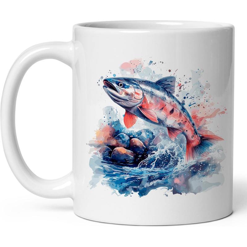 Tailorly White Ceramic 11 oz Mug - Vibrant Watercolor Splashes Surrounding A Leaping Fish Above Rushing Blue Water Trout