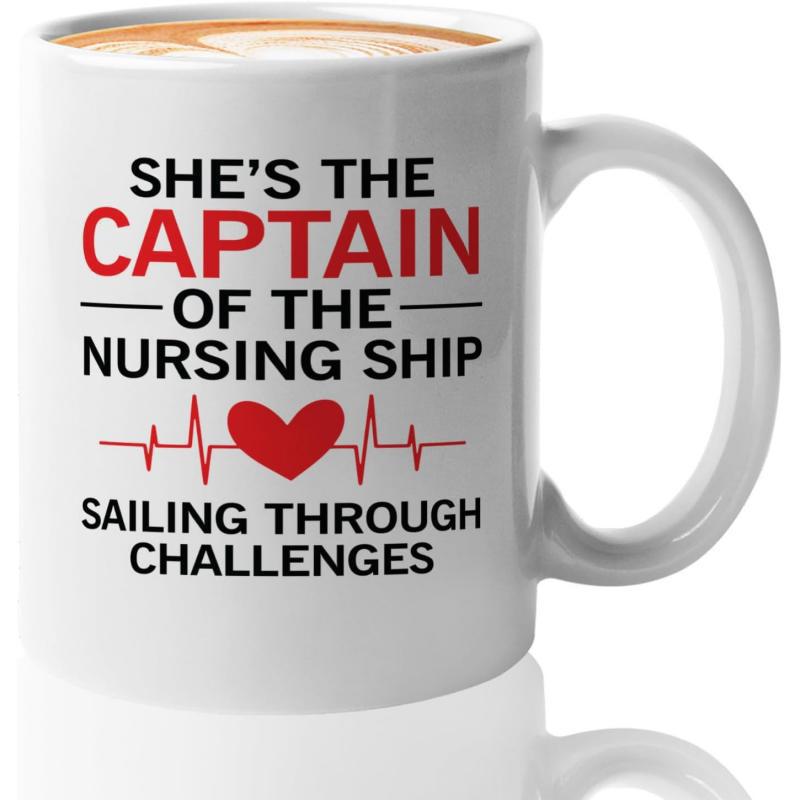 Tailorly White Ceramic 11 oz Mug - Shes The Captain Of The Nursing Ship Sailing Through Challenges Minimalist Red Heartbeat Line Featuring A Central Bold Crimson