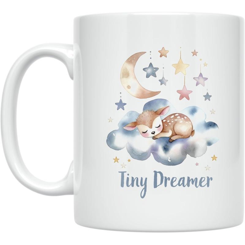 Tailorly White Ceramic 11 oz Mug - Tiny Dreamer Peaceful Baby Fawn Sleeping On Blue Clouds Under Golden Stars Deer