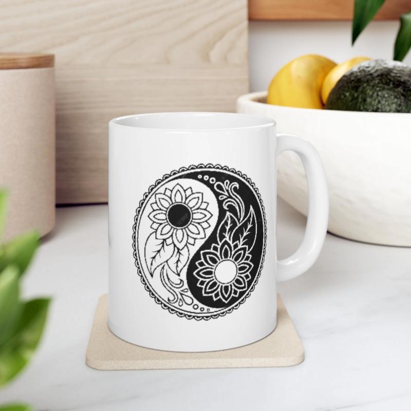 Tailorly White Ceramic 11 oz Mug - Intricate Floral Sunflower Pattern Within A Balanced Harmony Black And White Yin Yang