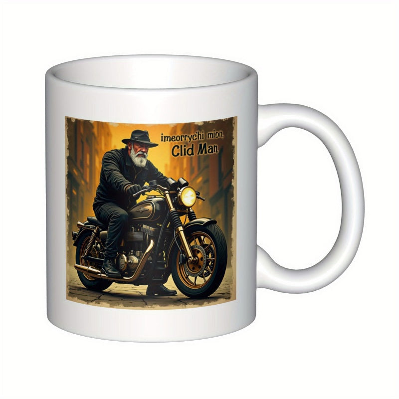 Tailorly White Ceramic 11 oz Mug - Old Man Elderly Bearded Gentleman Riding A Vintage Classic Motorcycle On Street Motorcycle