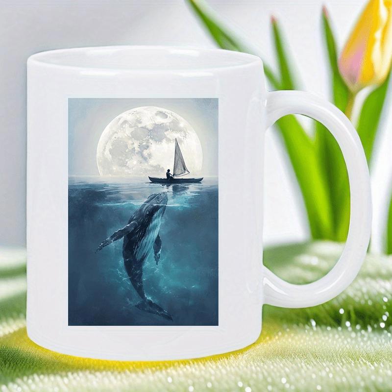 Tailorly White Ceramic 11 oz Mug - Majestic Giant Whale Swimming Deep Under Moonlight With Lone Sailboat Whale
