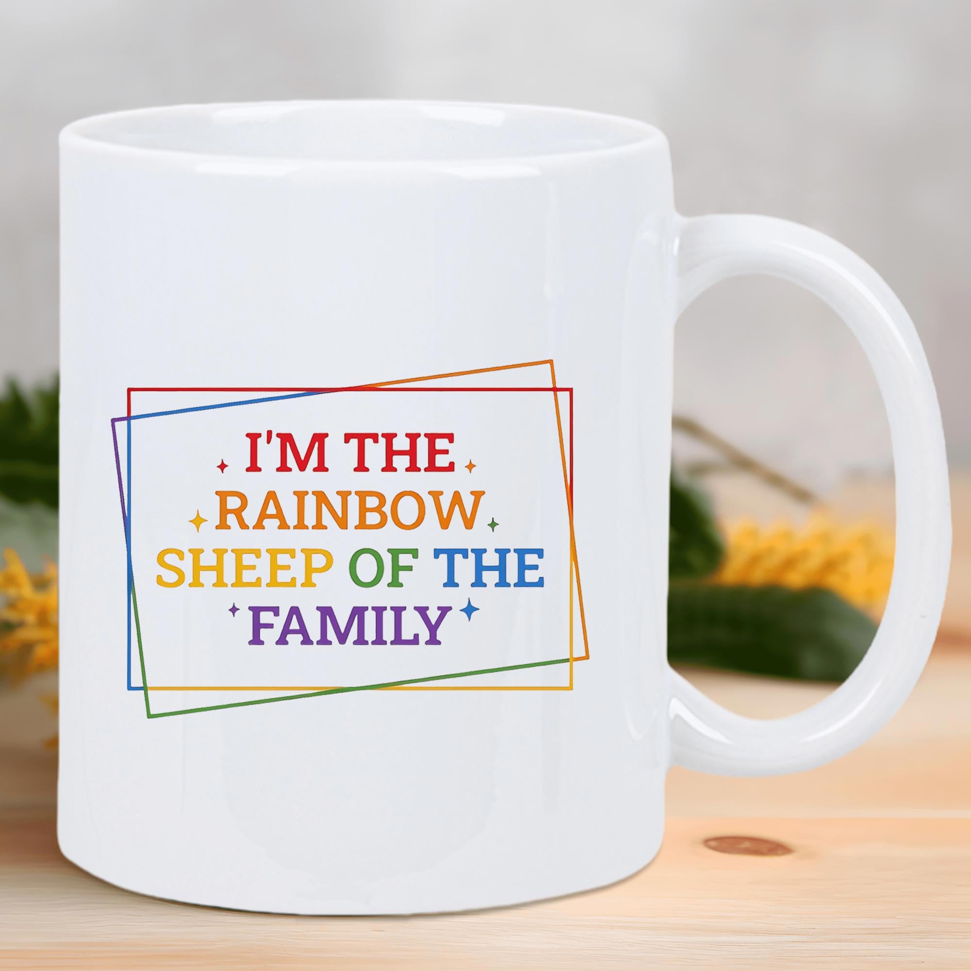 Tailorly White Ceramic 11 oz Mug - Im The Rainbow Sheep Of The Family Minimalist Overlapping Colorful Line Borders With Centered Bold Artistic Font Mug