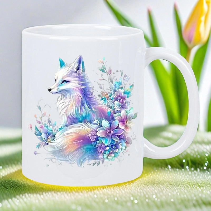 Tailorly White Ceramic 11 oz Mug - Graceful Pastel Fox Nestled Among Vibrant Blooming Wildflowers And Leaves Fox