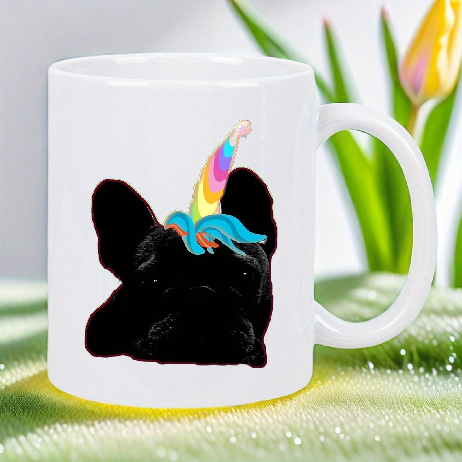 Tailorly White Ceramic 11 oz Mug - Adorable Black French Bulldog Silhouette Wearing Vibrant Rainbow Striped Unicorn Horn Frenchie