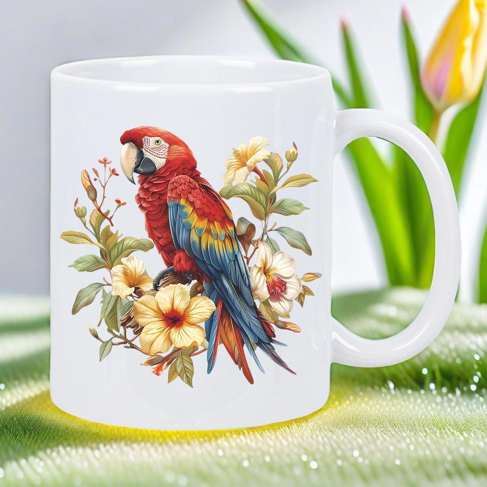 Tailorly White Ceramic 11 oz Mug - Vibrant Tropical Scarlet Macaw Perching Among Golden Blooming Exotic Flowers And Foliage Parrot