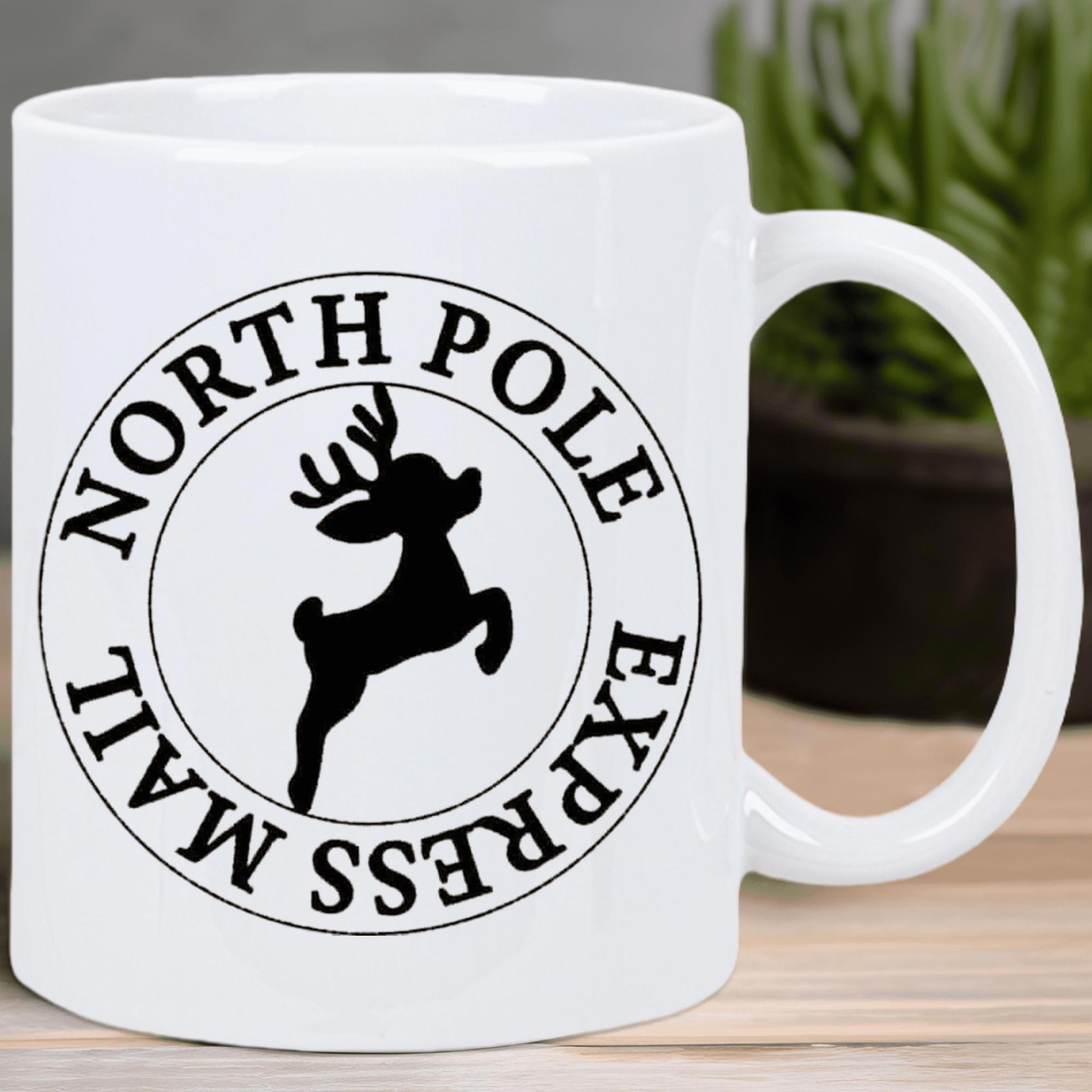 Tailorly White Ceramic 11 oz Mug - North Pole Express Mail Vintage Circular Postal Stamp Design Featuring A Silhouette Of Jumping Reindeer