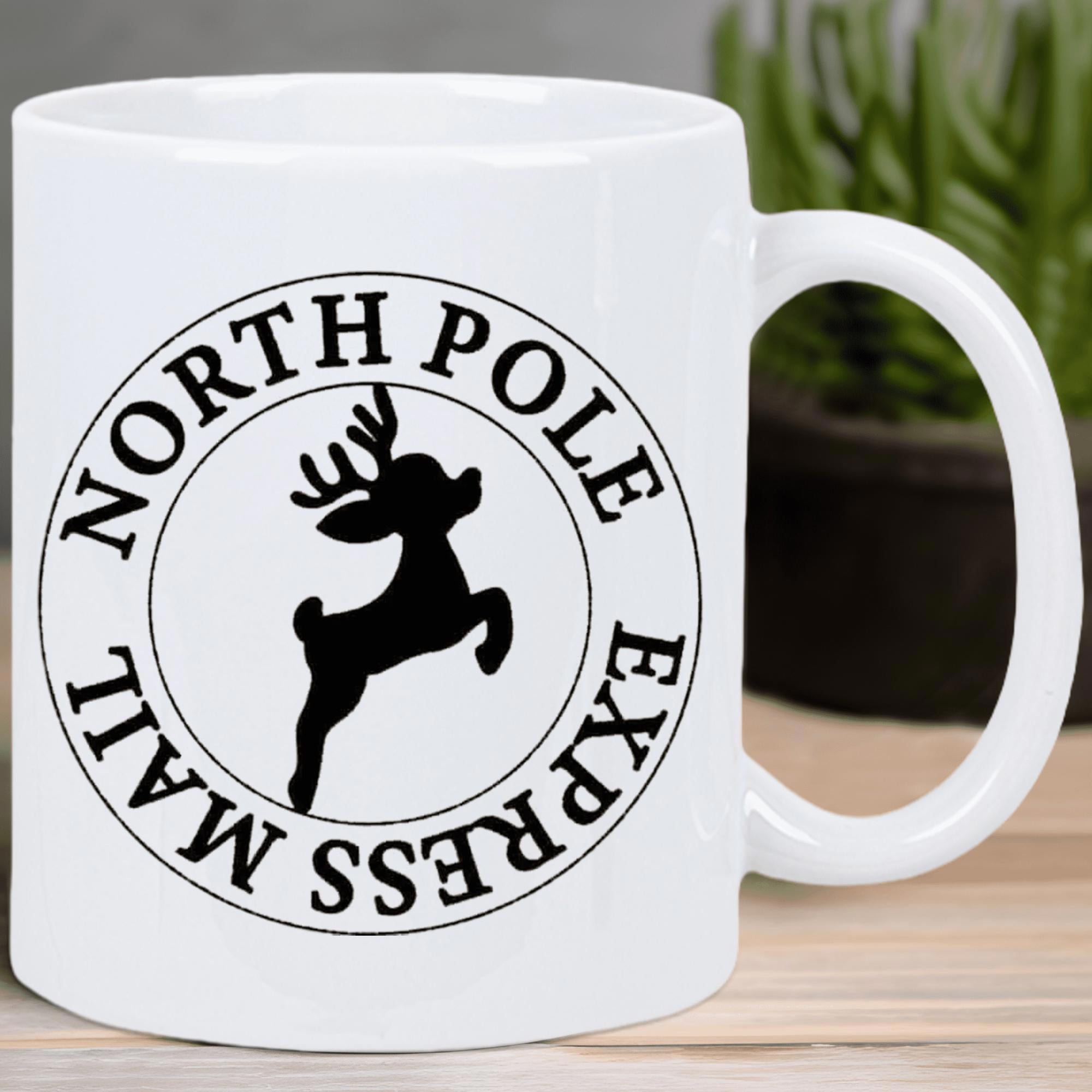 Tailorly White Ceramic 11 oz Mug - North Pole Express Mail Vintage Circular Postal Stamp Design Featuring A Silhouette Of Jumping Reindeer