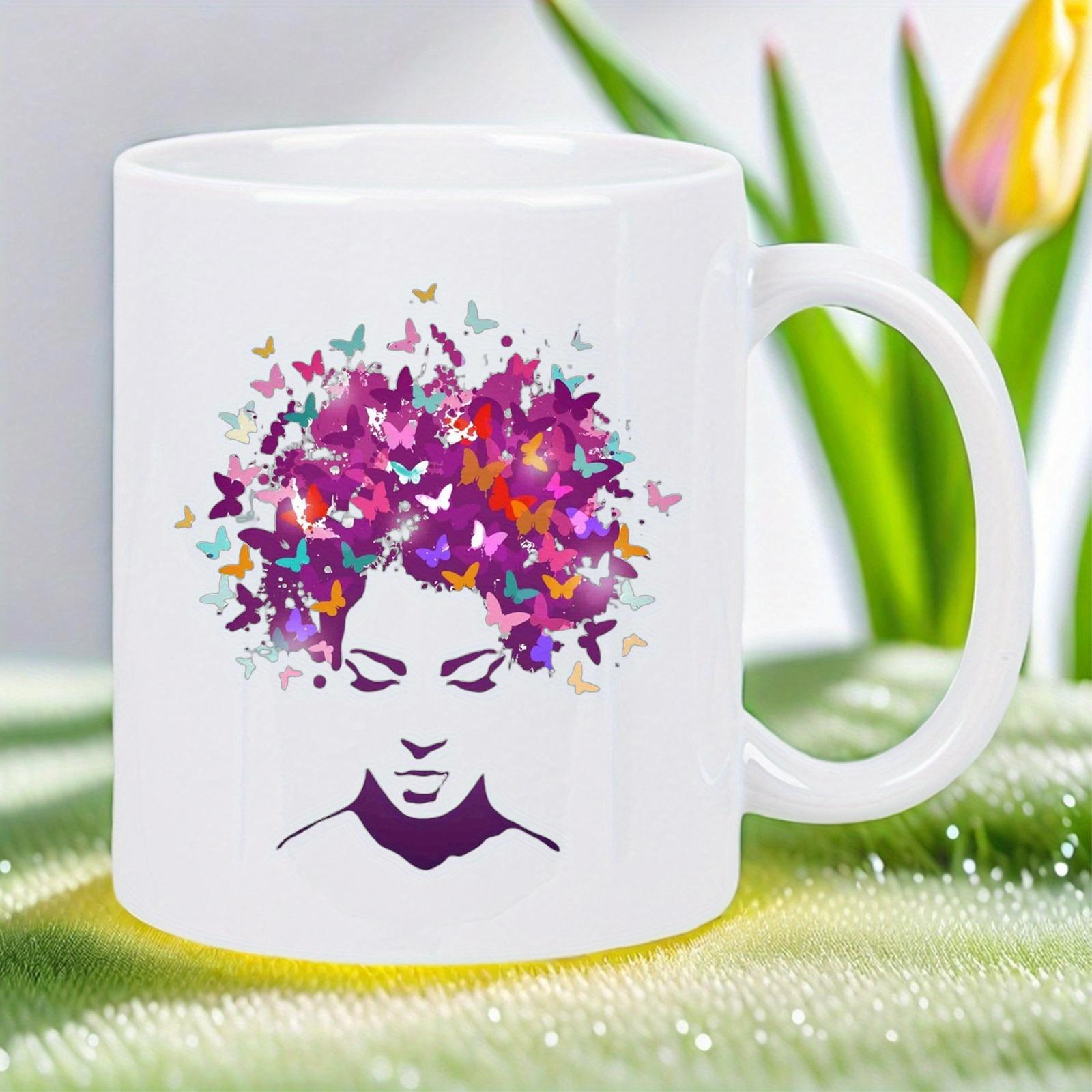 Tailorly White Ceramic 11 oz Mug - Vibrant Colorful Butterflies Forming Artistic Hair On Serene Silhouette Feminine Woman