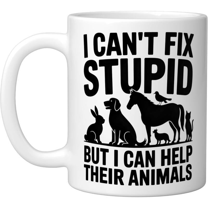 Tailorly White Ceramic 11 oz Mug - I Cant Fix Stupid But I Can Help Their Animals Various Domestic Creatures Standing Together In A Row Silhouette