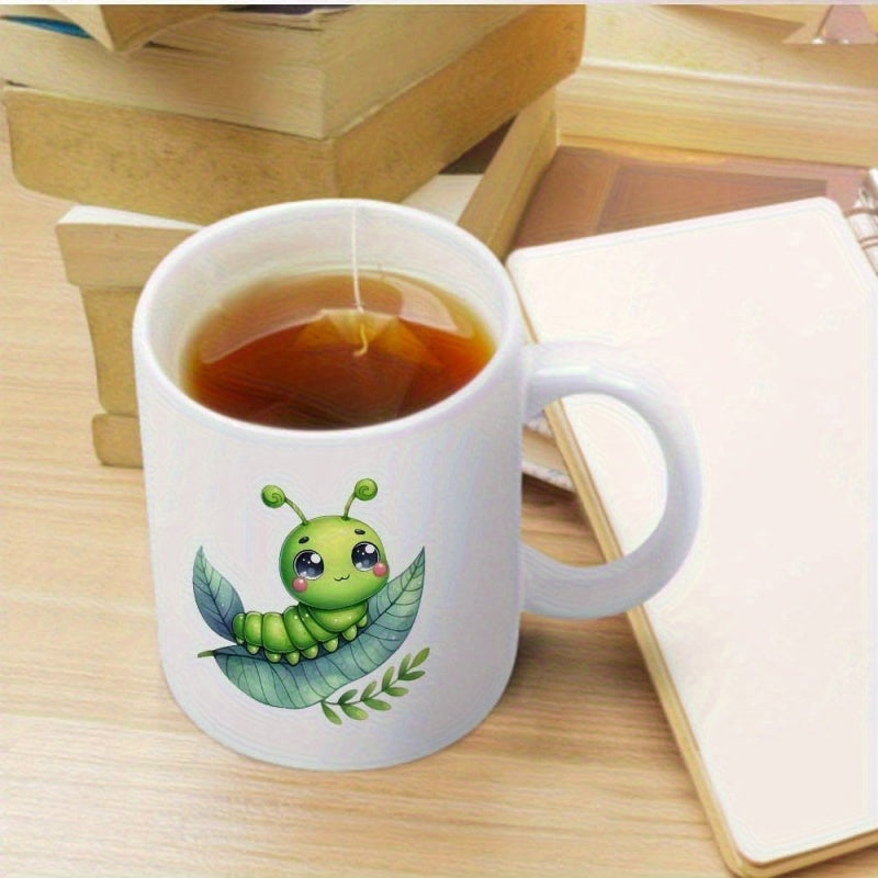 Tailorly White Ceramic 11 oz Mug - Cute Small Green Caterpillar Resting Peacefully On A Vibrant Green Leaf Caterpillar