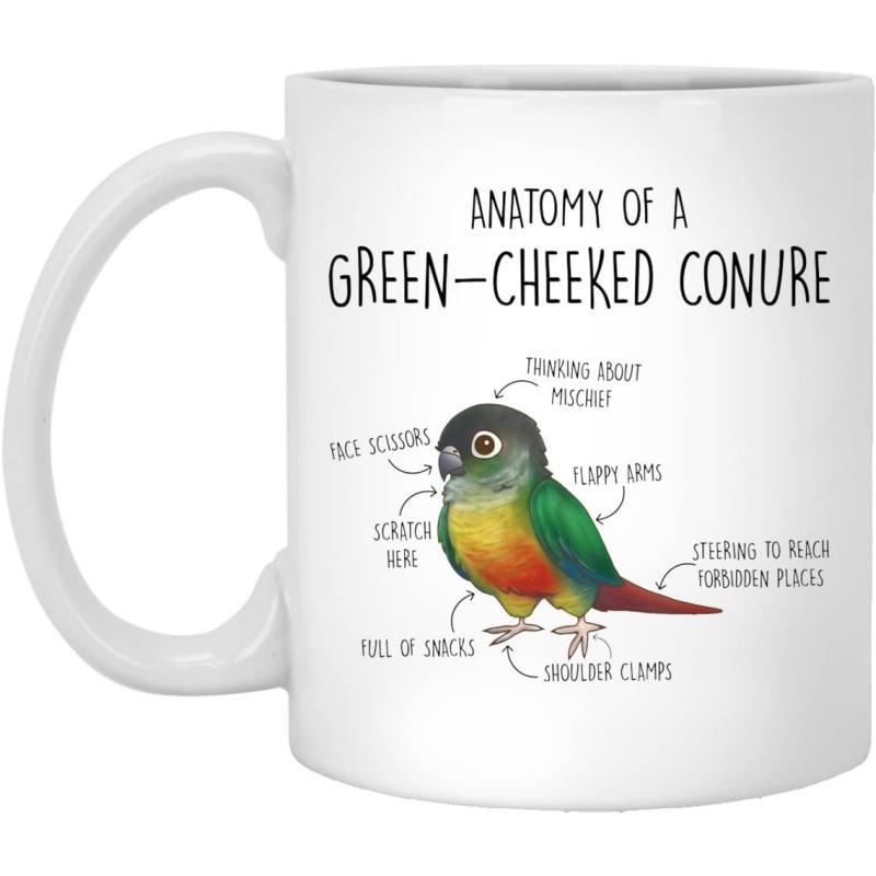 Tailorly White Ceramic 11 oz Mug - Anatomy Of A Green Cheeked Conure Detailed Bird Illustration With Humorous Body Labels And Colorful Feathers Conure