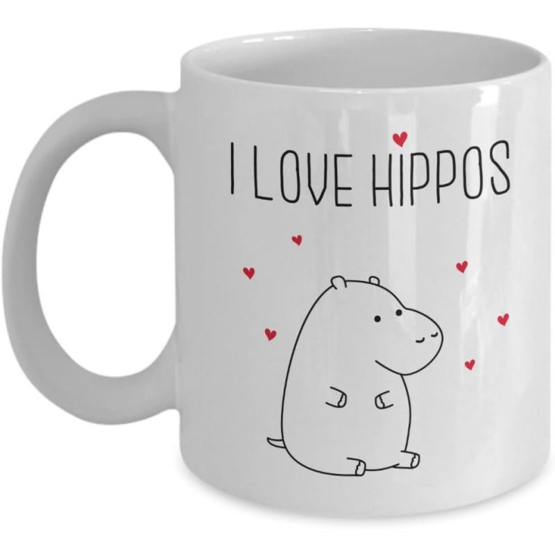 Tailorly White Ceramic 11 oz Mug - I Love Hippos Minimalist Hand Drawn Animal Surrounded By Floating Red Small Hearts Hippo