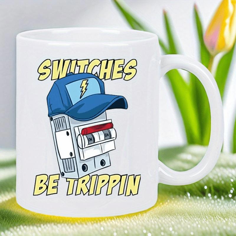 Tailorly White Ceramic 11 oz Mug - Switches Be Trippin Cartoon Electrical Device Wearing A Blue Baseball Cap With Lightning Bolt Circuit Breaker