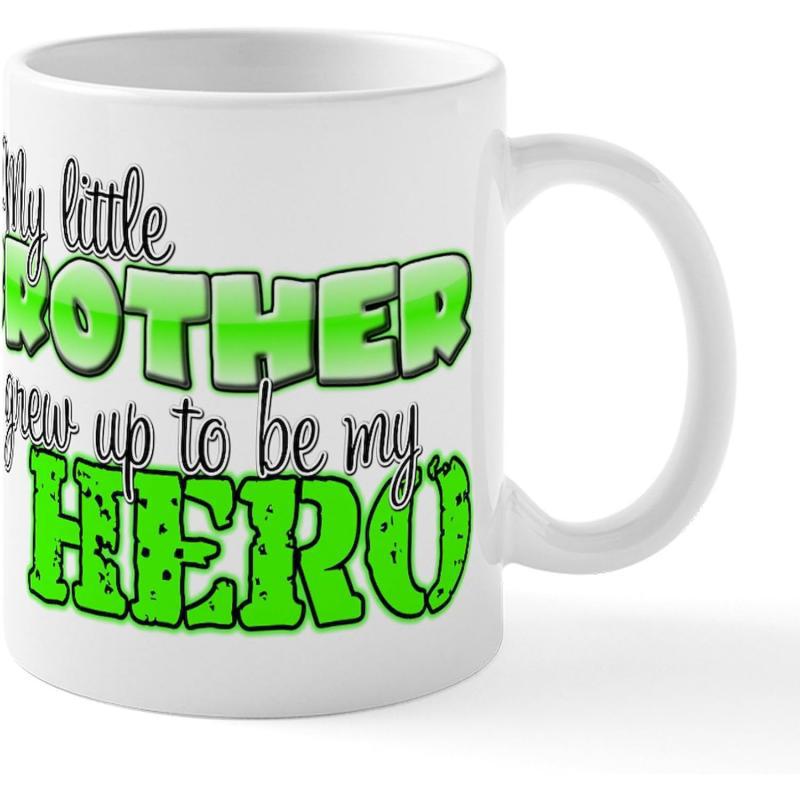 Tailorly White Ceramic 11 oz Mug - My Little Brother Grew Up To Be My Hero Vibrant Green Textured Decorative Letters With Bold Outlines Mug