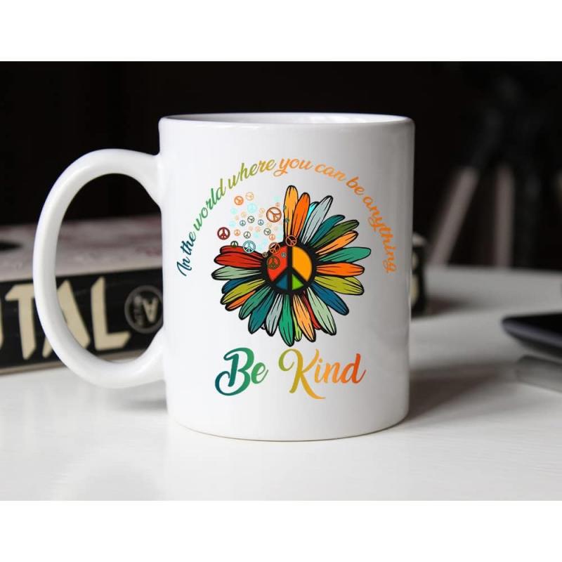 Tailorly White Ceramic 11 oz Mug - In The World Where You Can Be Anything Be Kind Colorful Retro Petals With A Peace Sign Symbol In The Center Daisy
