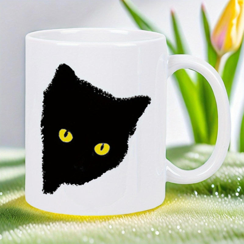 Tailorly White Ceramic 11 oz Mug - Minimalist Silhouette With Piercing Yellow Eyes Peeking From Dark Shadows Cat