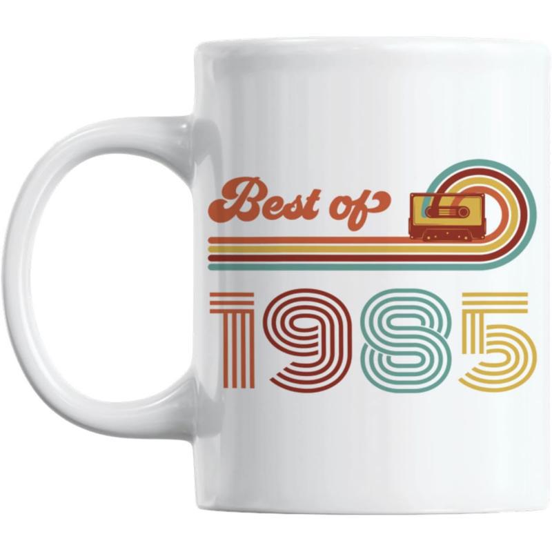 Tailorly White Ceramic 11 oz Mug - Best Of 1985 Retro Vintage Rainbow Sunset Stripes With Classic Cassette Tape Mug