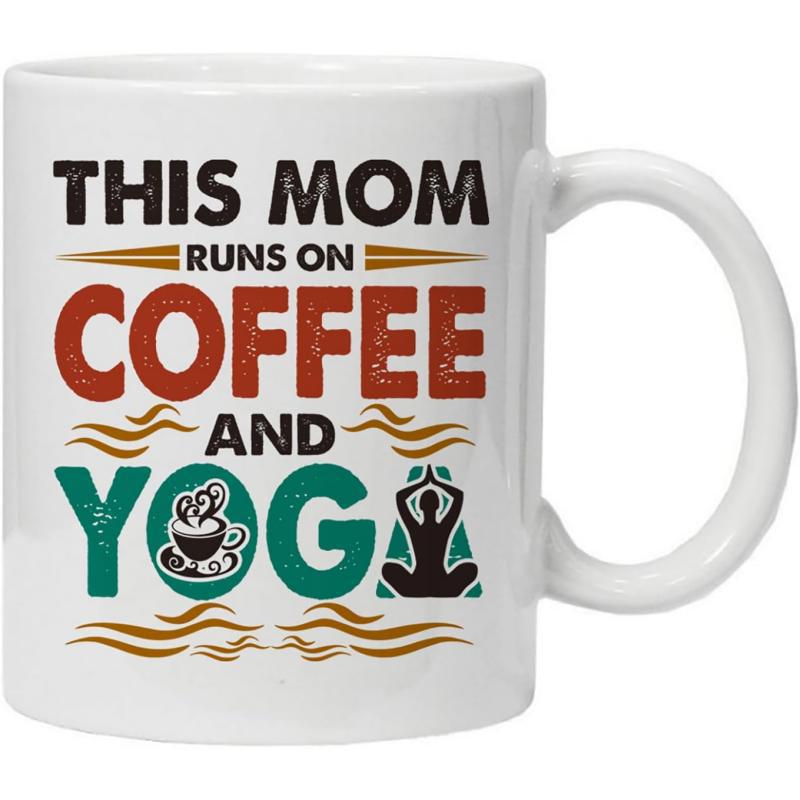 Tailorly White Ceramic 11 oz Mug - This Mom Runs On Coffee And Yoga Distressed Vintage Style Typography Featuring Steaming Coffee Cup And Yoga Pose Silhouette Mug