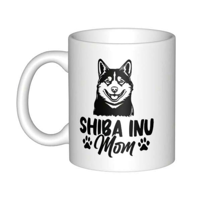 Tailorly White Ceramic 11 oz Mug - Shiba Inu Mom Stylized Black And White Dog Portrait Surrounded By Decorative Paw Prints Dog