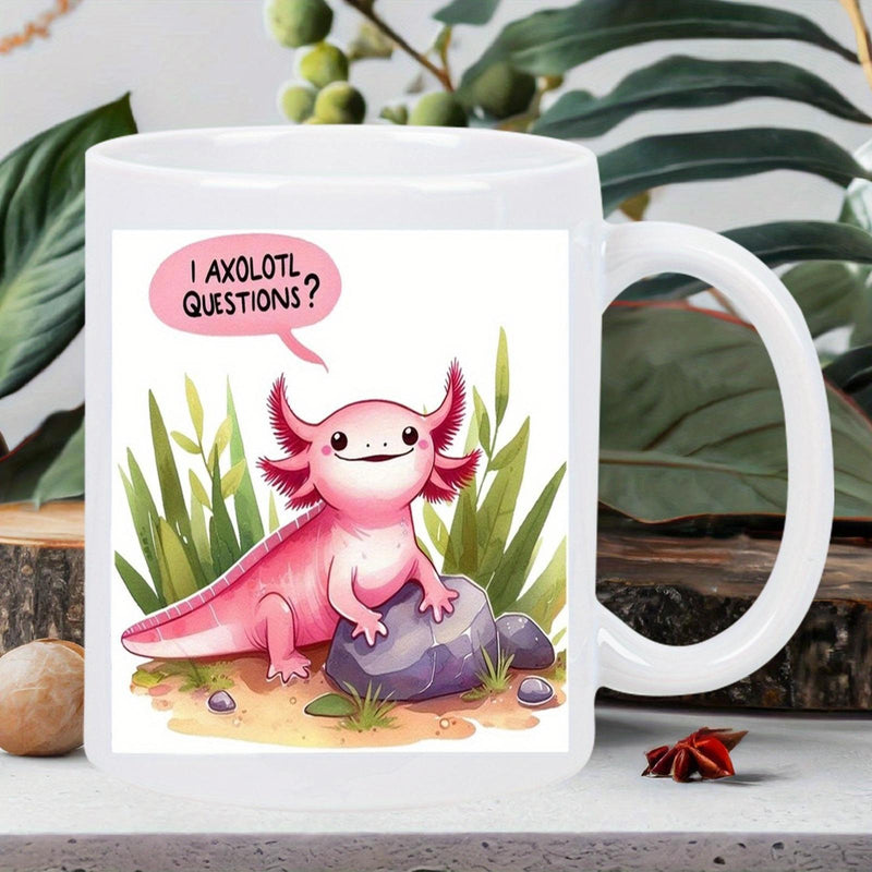 Tailorly White Ceramic 11 oz Mug - I Axolotl Questions Cute Pink Salamander Resting On Rock Amidst Tall Green Grass Reeds Axolotl