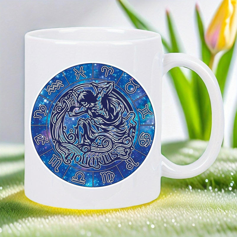 Tailorly White Ceramic 11 oz Mug - Aquarius Vibrant Celestial Galaxy Scene With Mythical Water Bearer Constellation Symbols Aquarius