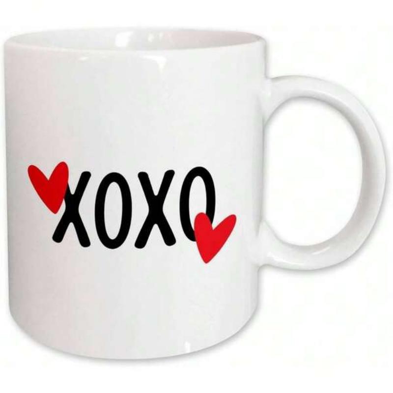 Tailorly White Ceramic 11 oz Mug - Xoxo Minimalist Black Lettering Accented With Two Small Red Playful Loving Hearts Mug
