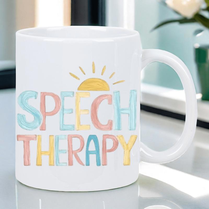 Tailorly White Ceramic 11 oz Mug - Speech Therapy Colorful Hand Drawn Watercolor Pastel Letters Under A Small Shining Yellow Sun