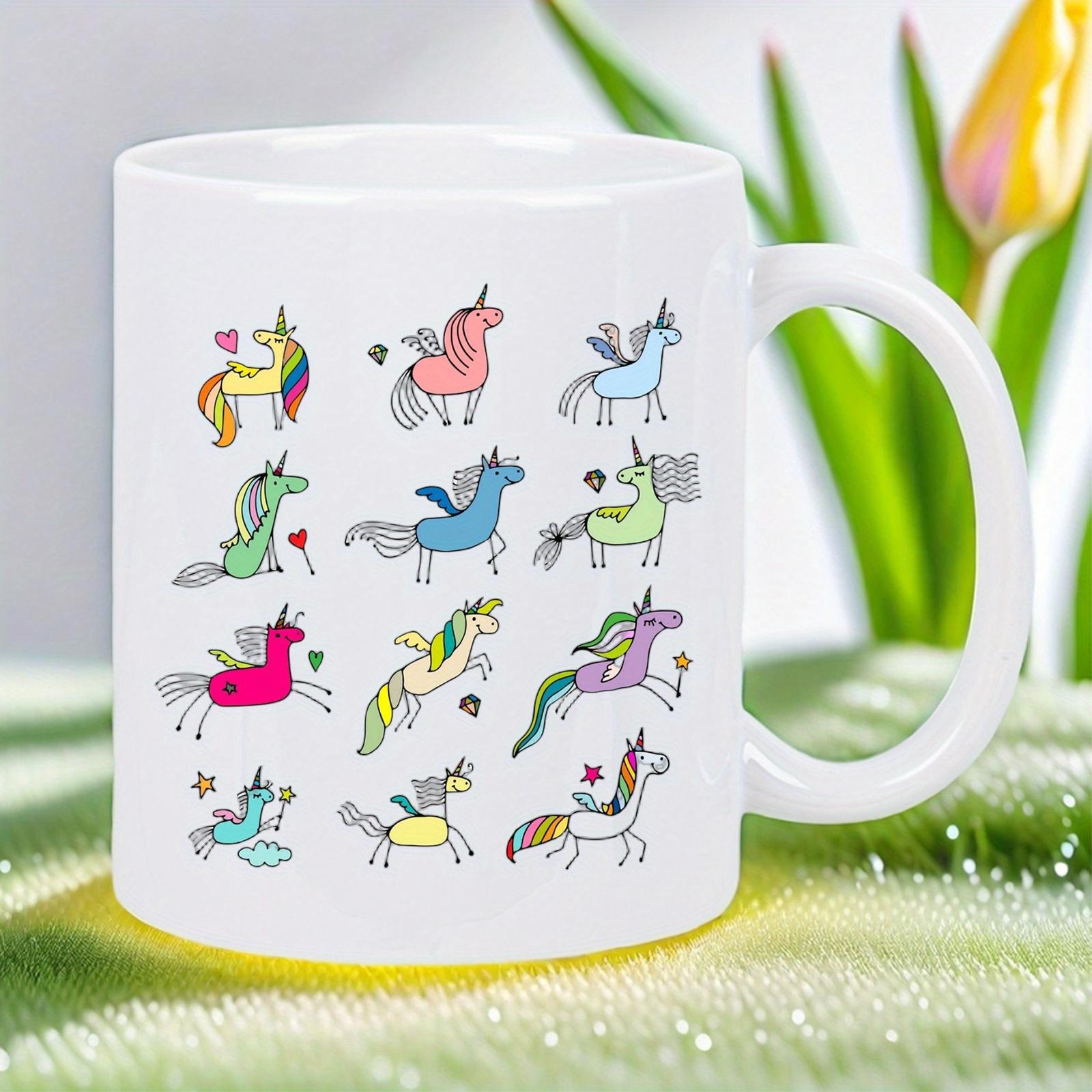 Tailorly White Ceramic 11 oz Mug - Colorful Hand Drawn Cartoon Doodles Of Many Whimsical Magical Winged Unicorn