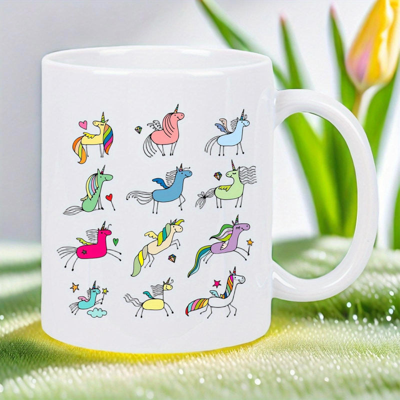 Tailorly White Ceramic 11 oz Mug - Colorful Hand Drawn Cartoon Doodles Of Many Whimsical Magical Winged Unicorn