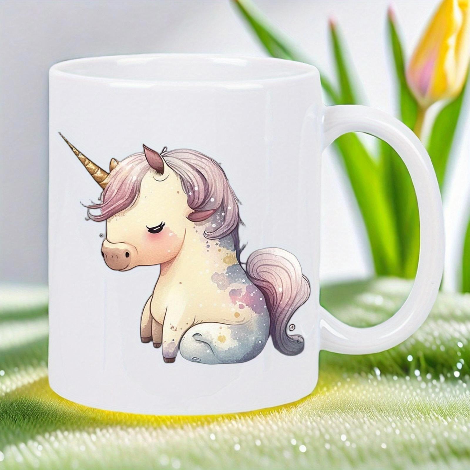 Tailorly White Ceramic 11 oz Mug - Adorable Pastel Watercolor Mythical Creature Sitting Peacefully With Golden Horn Unicorn