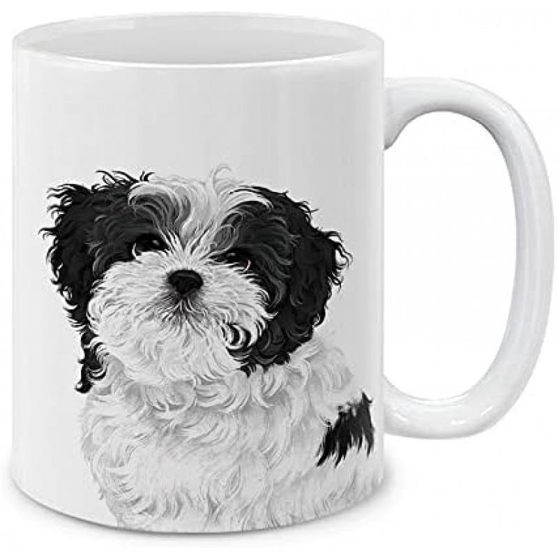 Tailorly White Ceramic 11 oz Mug - Adorable Fluffy Black And White Small Dog Sitting On A Clean Background Puppy