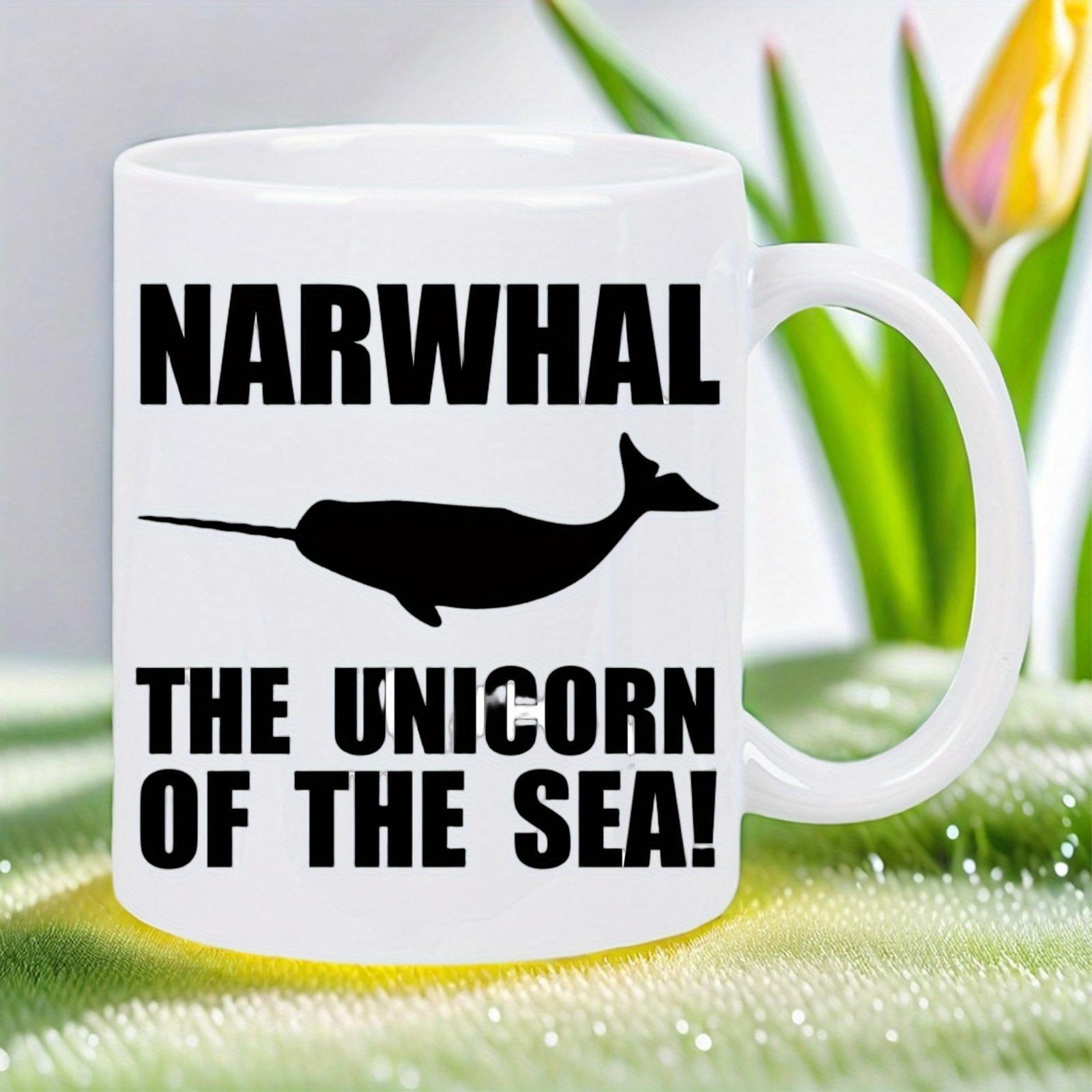 Tailorly White Ceramic 11 oz Mug - Narwhal The Unicorn Of The Sea Solid Black Minimalist Animal Silhouette Gliding Through Open Deep Sea Narwhal