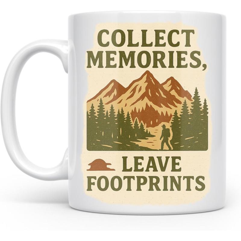 Tailorly White Ceramic 11 oz Mug - Collect Memories Leave Footprints Majestic Peaks With Pine Forest And Hiker Under A Vintage Sky Mountain