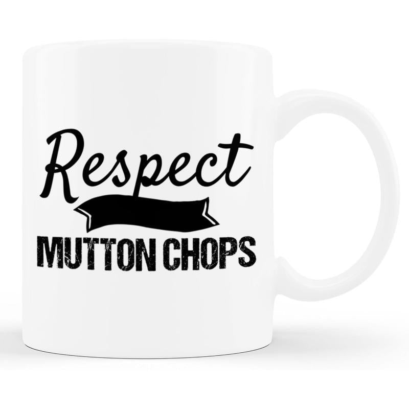 Tailorly White Ceramic 11 oz Mug - Respect Mutton Chops Elegant Black Ribbon Banner Printed On A Glossy Mug
