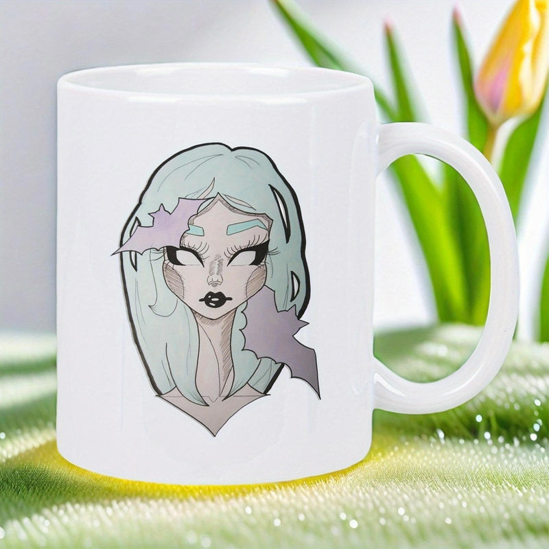 Tailorly White Ceramic 11 oz Mug - Gothic Girl With Flowing Mint Green Hair And Ragged Bats Woman