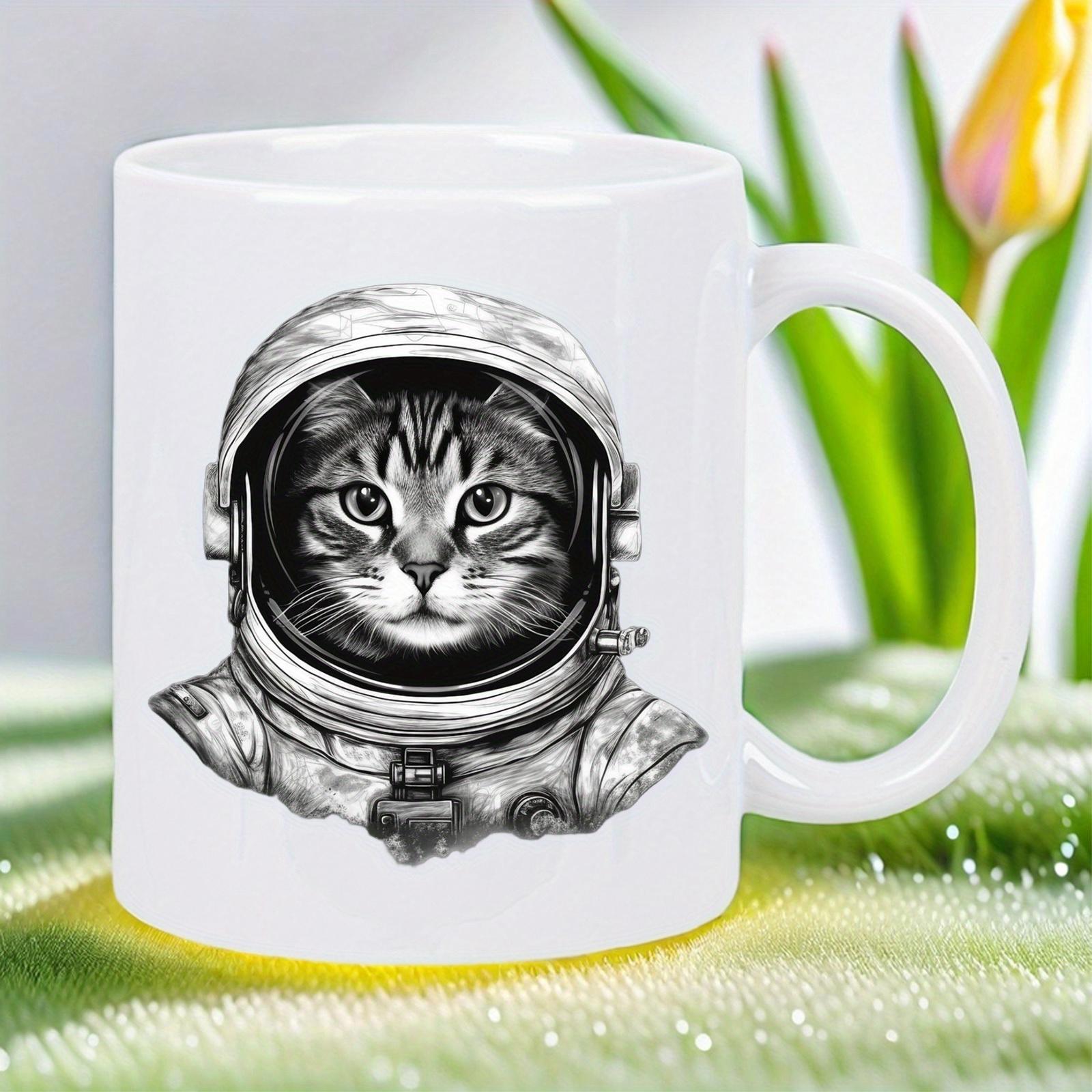 Tailorly White Ceramic 11 oz Mug - Detailed Monochrome Feline Wearing A Technical Space Exploration Helmet Cat