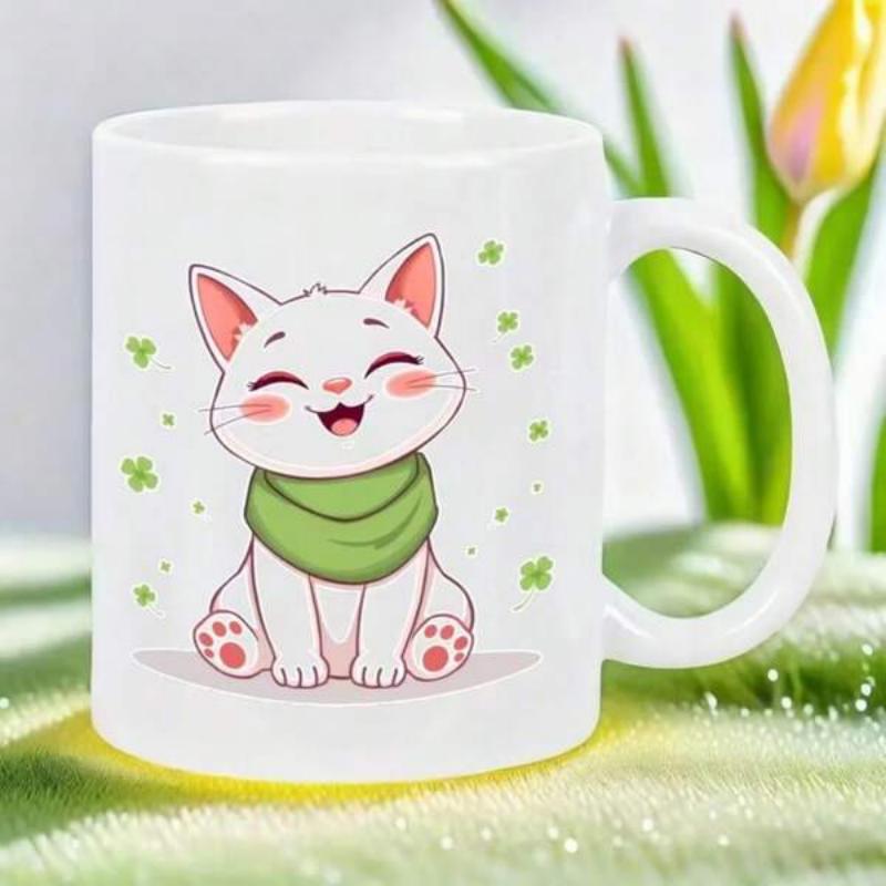 Tailorly White Ceramic 11 oz Mug - Joyful Cartoon White Kitten Wearing Green Scarf Surrounded By Tiny Magical Sparkles Cat
